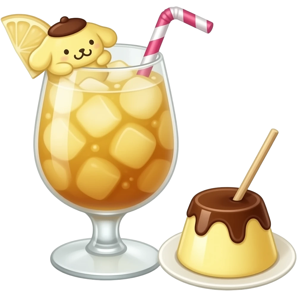 pompompurin the sanrio character themed yellow and brown and pudding colored cocktail with actual illustration of pompompurin as a garnish with pudding swizzle stick aside emoji