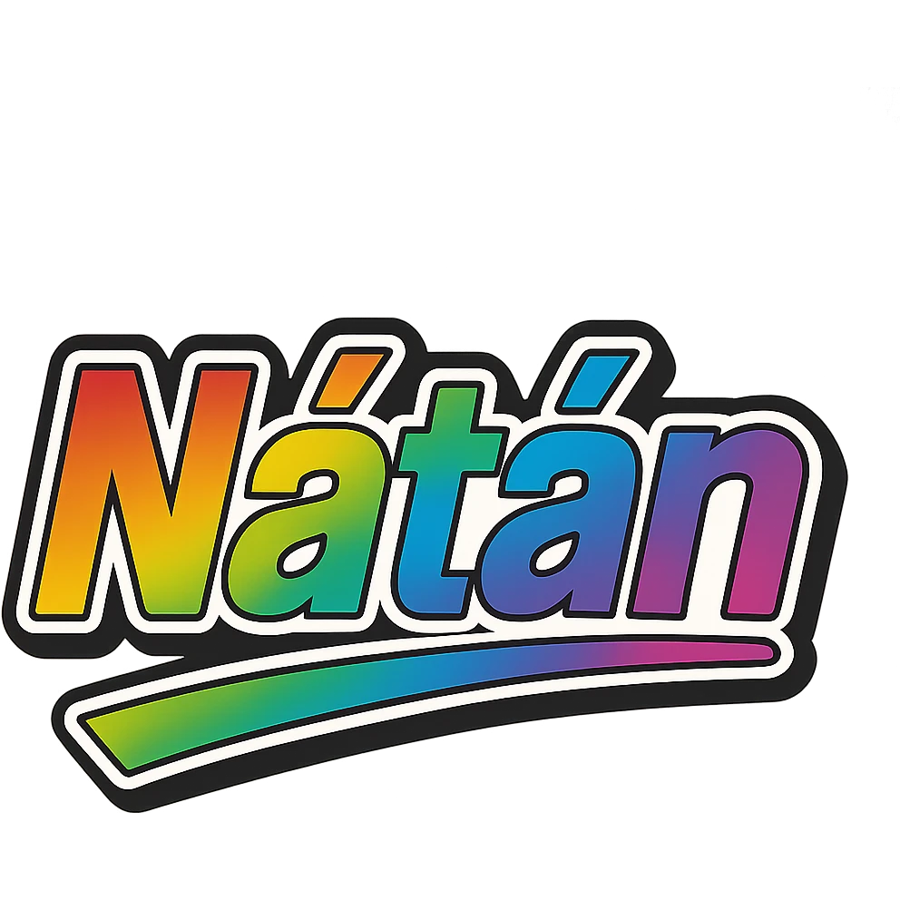 The name 'Nátán' in modern style with precise Hungarian letters, rainbow gradient fill, extra thick white letter outline, dark contour, transparent background, dynamic and slanted underline, in the style of the reference images. emoji