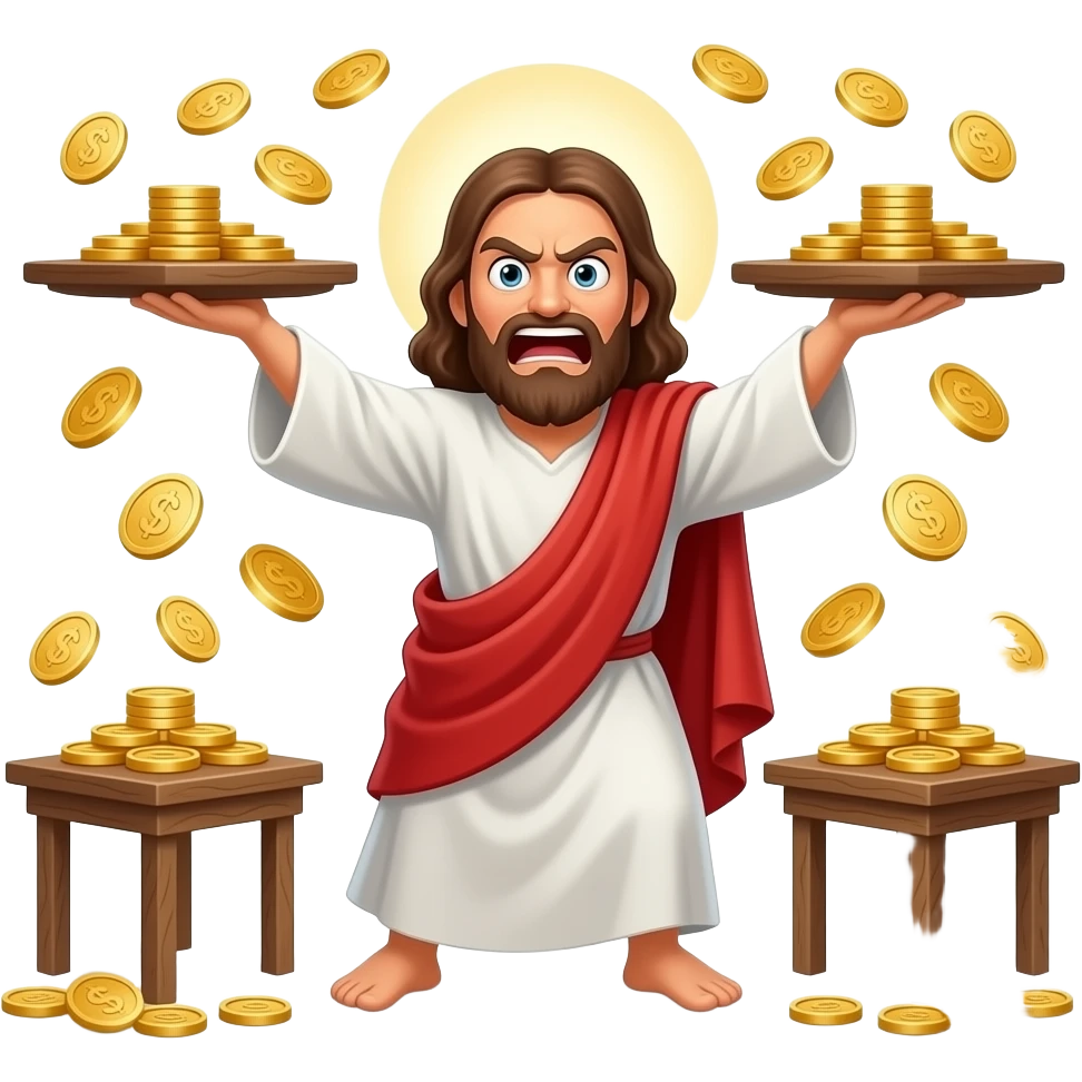 Jesus extremely mad throwing tables with gold coins tossed around emoji