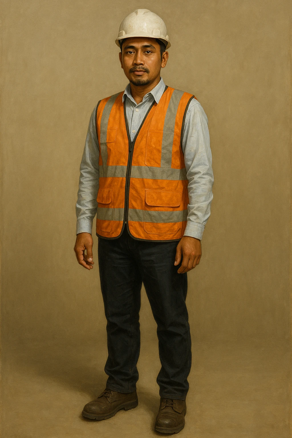 Сгенерируй мне в стиле реалистичной живописи на однородном фоне инженера индонезийской внешности, он в каске и строительном жилете. Он одет опрятно и чисто. В полный рост emoji