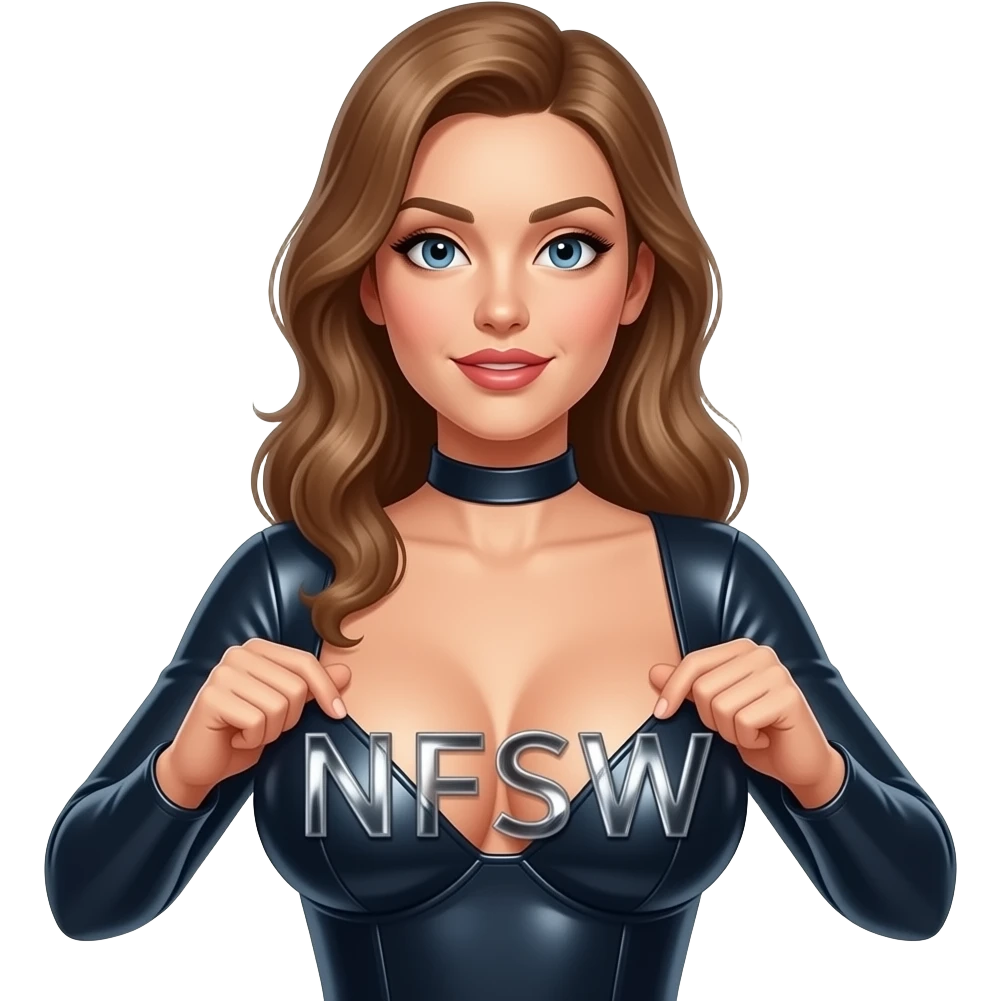 mujer vestida de latex brillante enseñando las tetas con letra Bonita y elegante la Palabra "NFSW" se las tapa, sin fondo emoji