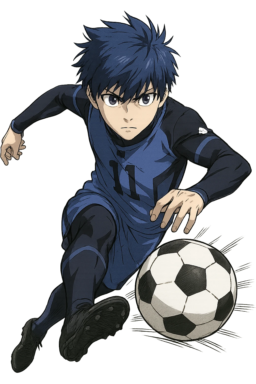 Yoichi Isagi from Blue Lock, anime style, blue hair, action shot kicking a soccer ball, intense eyes, no background emoji