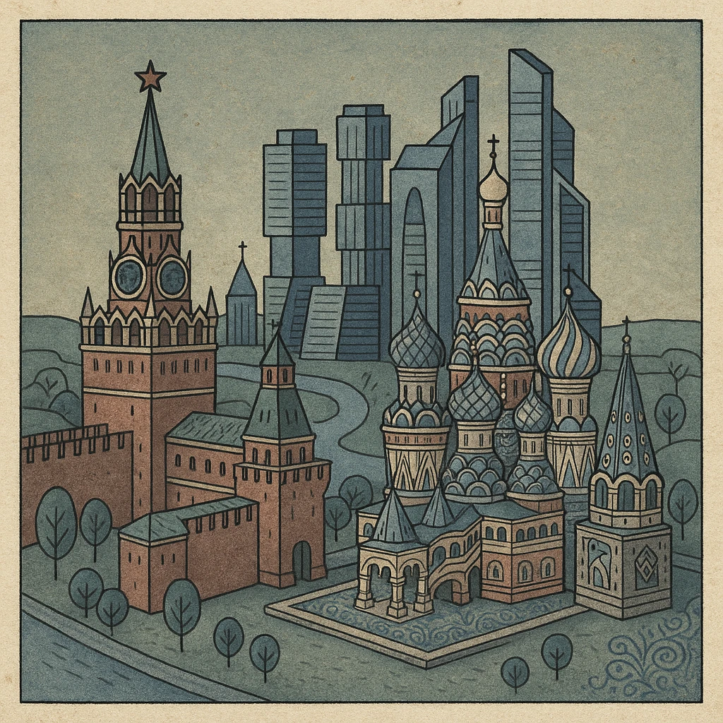 Изометричная миниатюрная 3D модель Москвы - Кремль, собор Василия Блаженного, Сити,  аккуратная детализация, яркие цвета мультяшный реализм, компактная композиция,  вид сверху в изометрии emoji