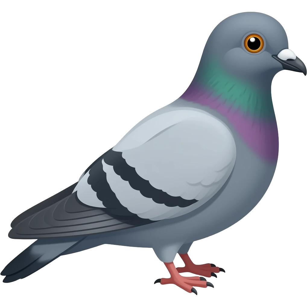 A pigeon with gray feathers and two dark gray stripes on eatch of his wings, a dark gray beak with a yellow stripe at the base, and a purple and green chest. emoji