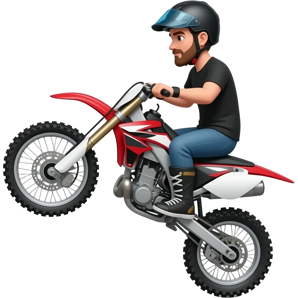 Man doing wheelie on red black & white offroad motorcycle no centre stand and no beard with helmet on. No beard emoji