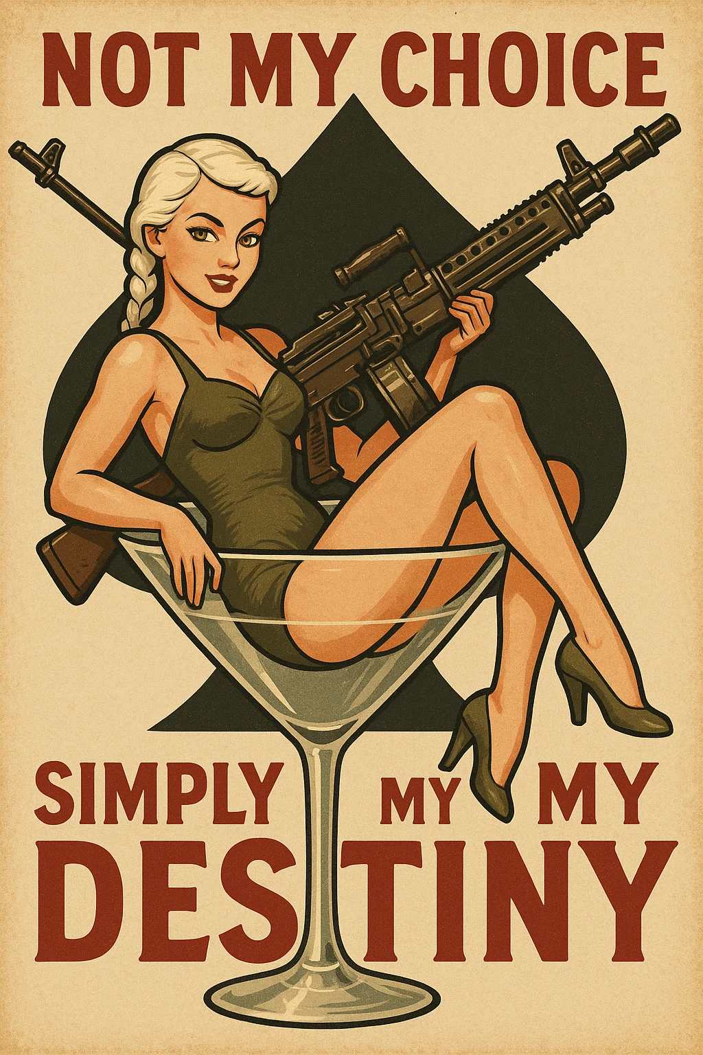 a retro military pinup " not my choice, simply my destiny "
; female figure young,gorgeous, white hair 1 braid, gold yellow eyes, sitting in a martini glass with a massive LMG in a swimsuit in front of a large 'spade' that frames the design emoji