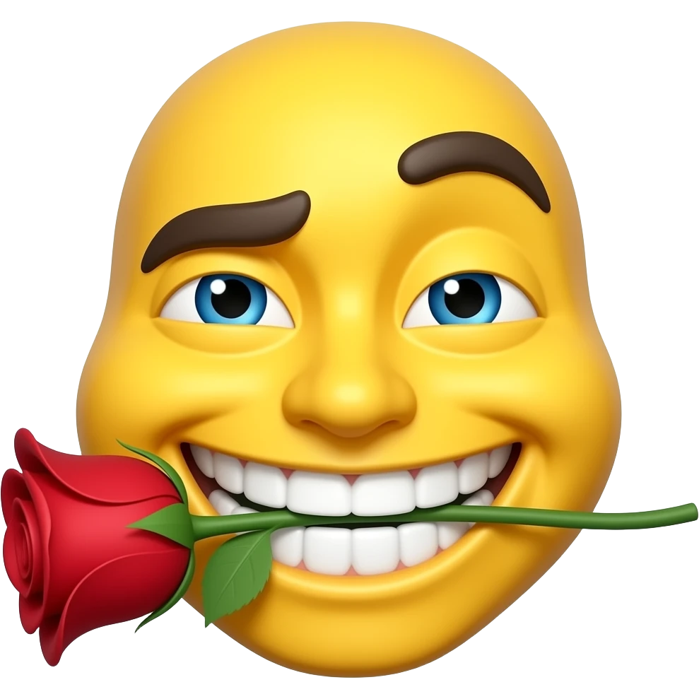 Glossy yellow emoji face with a flirtatious smirk, wide toothy grin, one eyebrow raised, half-closed blue eyes. Holding a red rose with green stem in its mouth. Smooth shiny 3D cartoon style, high detail, white or transparent background. emoji
