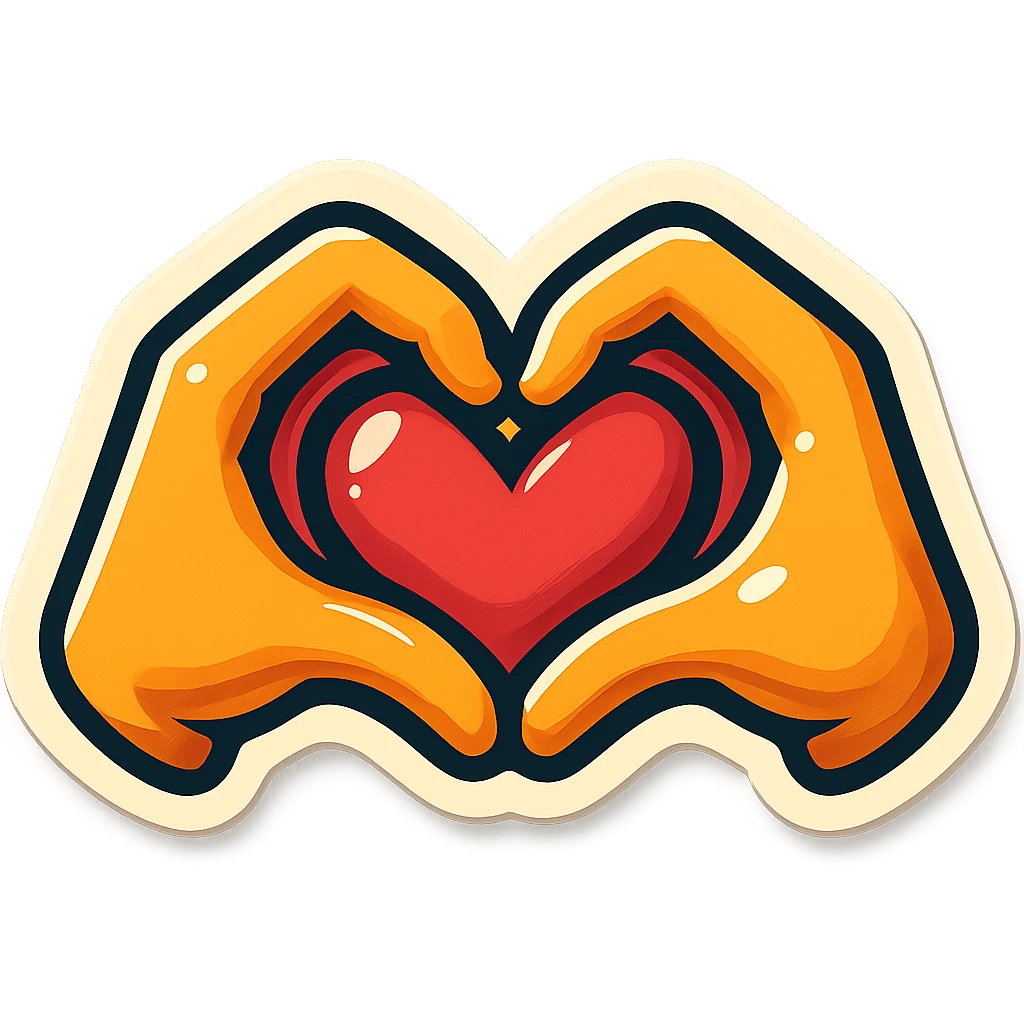 heart hands icon, hands forming a heart, bold outlines, vintage sticker look emoji