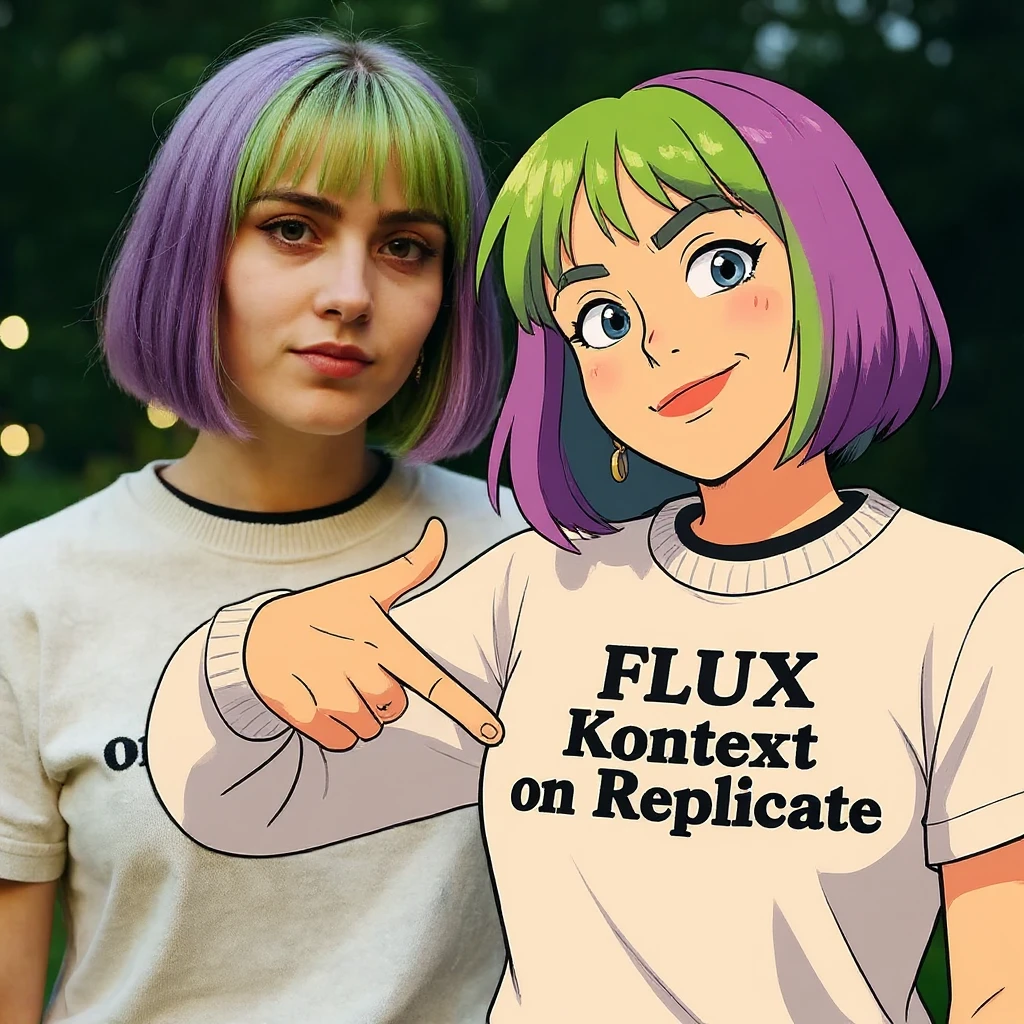make a image of a girl with a anime version of that girl beside her wearing tshirt with text of just "FLUX Kontext" nothing else emoji
