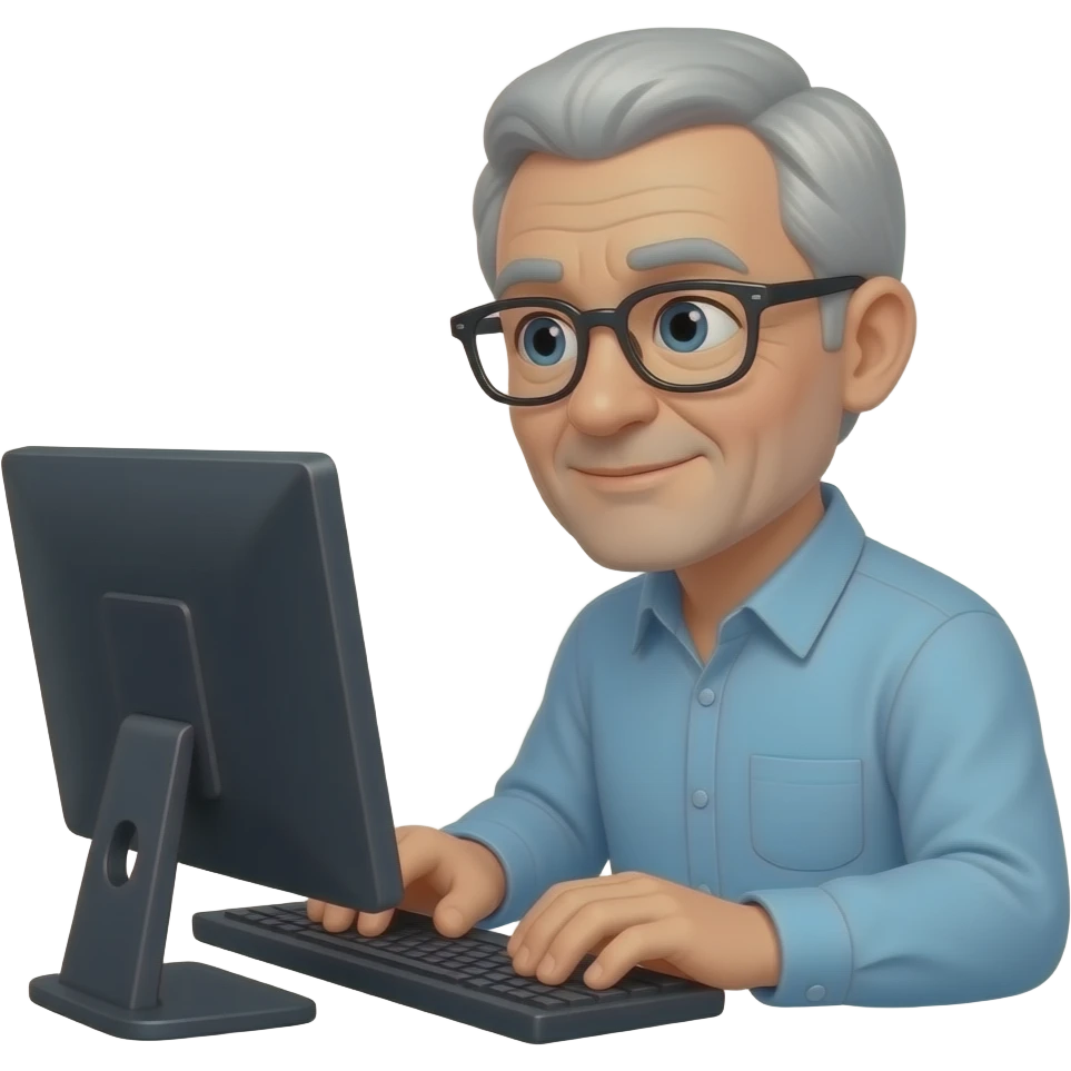 A 65-year-old man who is always thinking and working on the computer, wearing glasses, with very short hair emoji