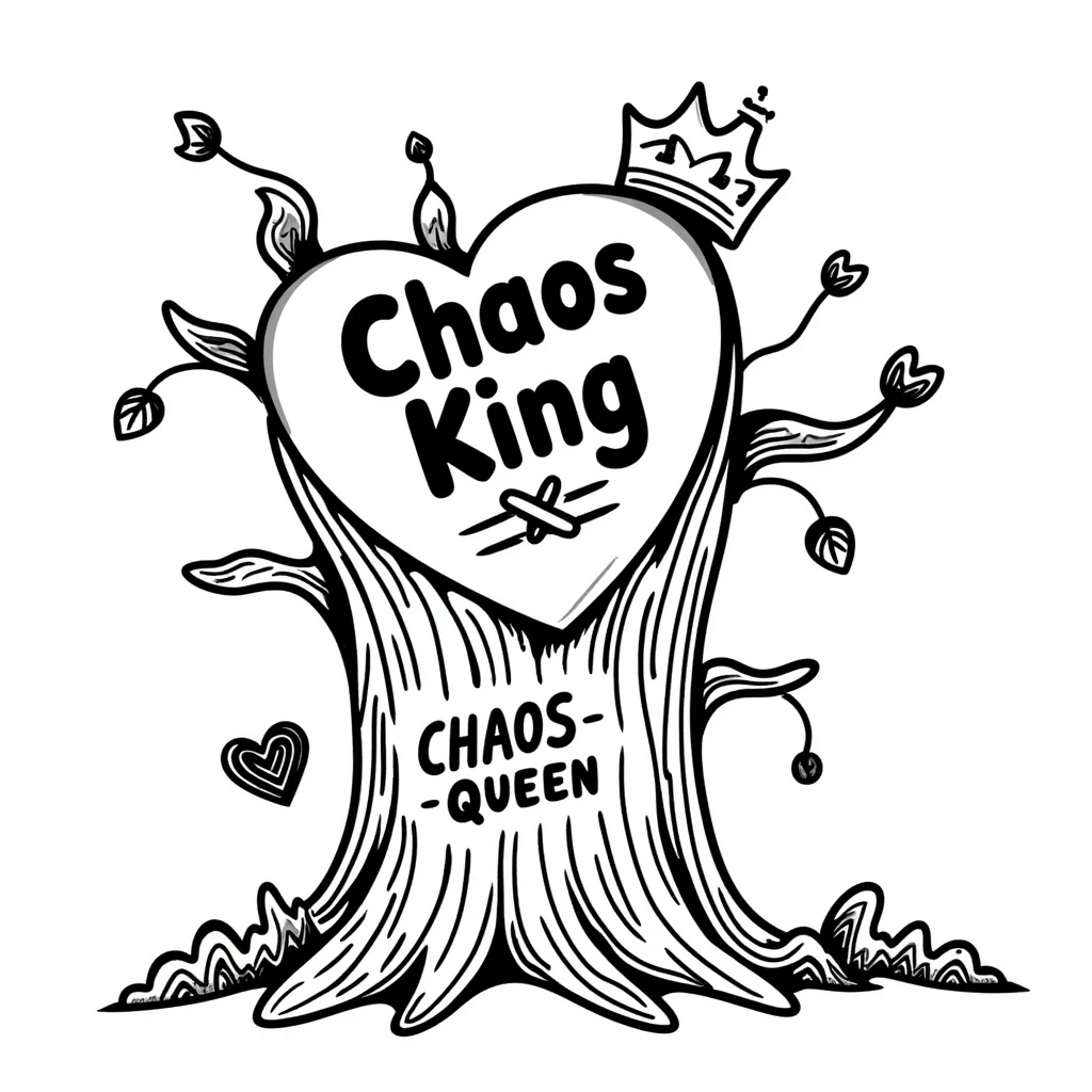 tree stump with a large heart carved into it, the words 'Chaos King' and 'Chaos Queen' inside the heart, surrounded by chaotic swirls and nature elements, hand drawn doodle style emoji