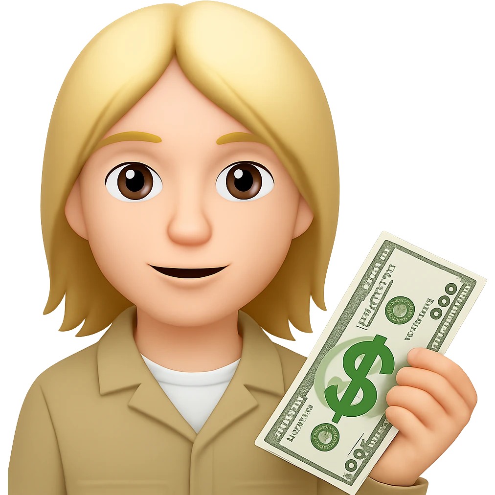 Make the blonde kid a bit older with longer hair going down, still spreading money. Keep the style similar to emoji style but with no background. emoji