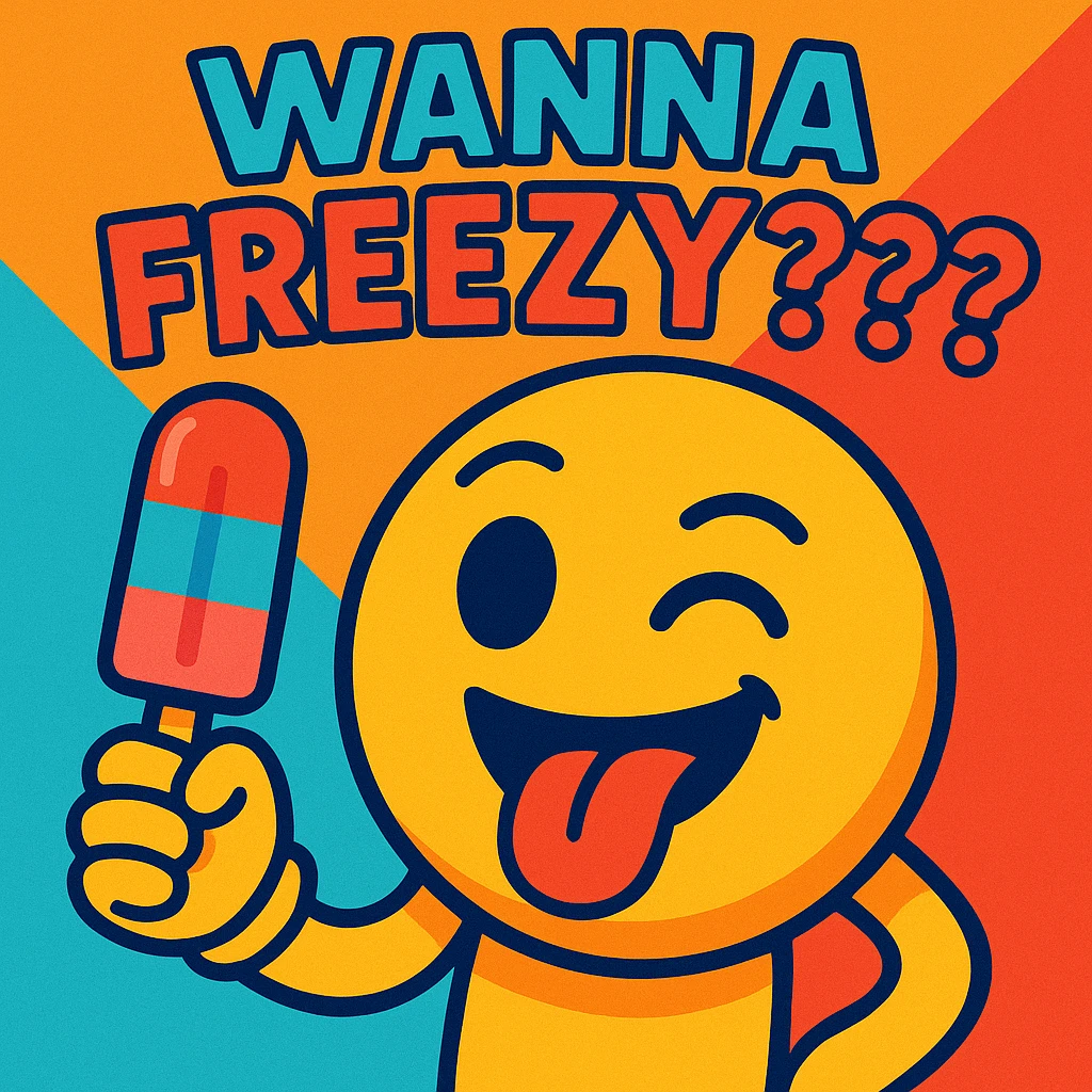 emoji character with a playful expression, holding a popsicle, with the text 'wanna freezy???' in a fun font, vibrant toon style emoji