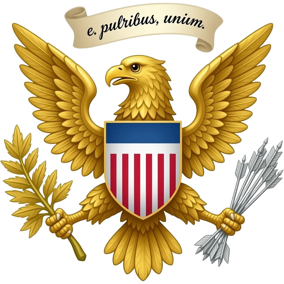 heraldic spread eagle, color gold, caption '250 United!' red on usa blue #002868 scroll.  render the exact count of 13 arrows in eagle's left clutch, use 'e. pluribus, unum' for scroll near eagles head in pure black thin line 1776 penmanship emoji
