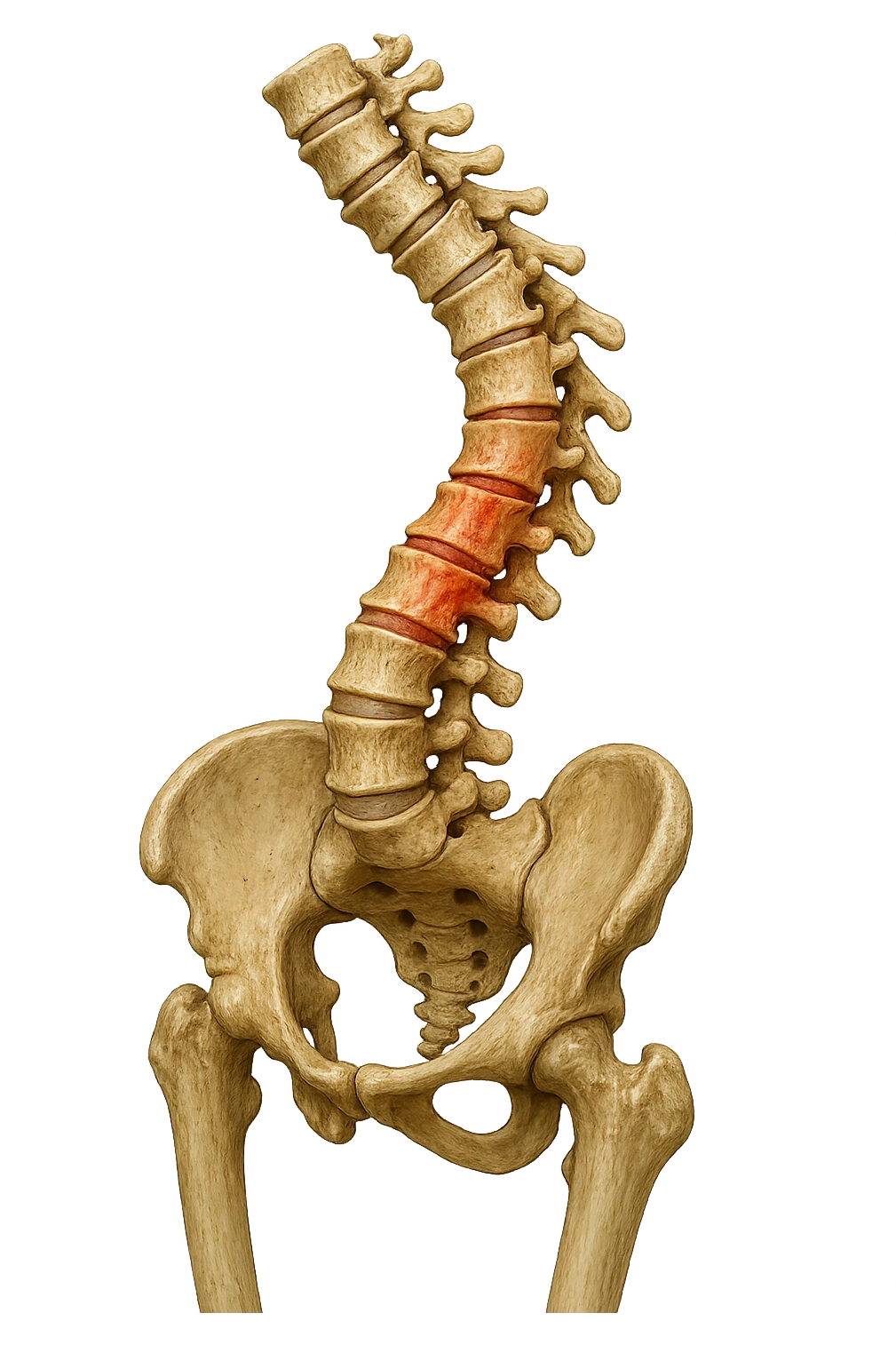 SPINA DORSALE STORTA E INFIAMMATA CON BACINO UMANO ANATOMICO REALISTICO INCLINATO, iperrealistica 4k emoji