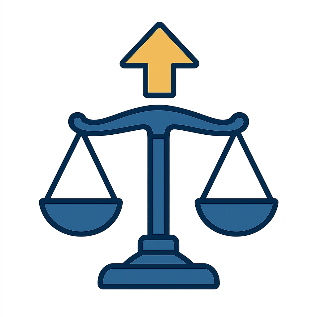 modern minimalist icon for advocacy consulting firm, balanced scales of justice with gold upward arrow, navy blue white gold, conveys trust authority progress emoji
