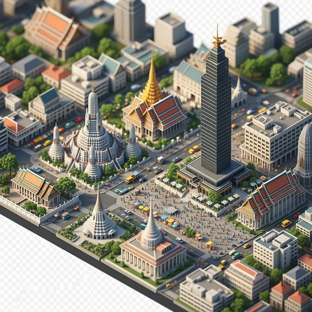 Isometric miniature of Bangkok 3D miniature effect and Tilt Shift effect, no cartoonish look, transparent background. emoji