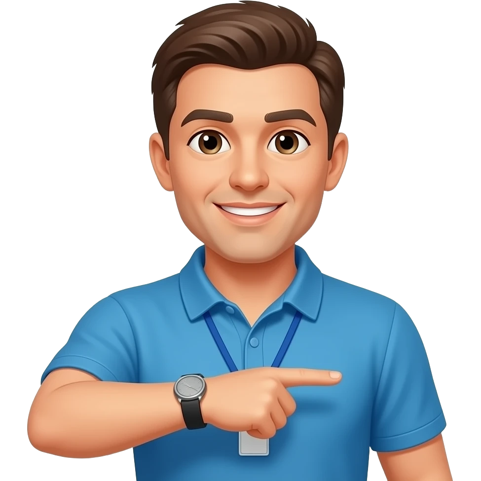 coach in a blue shirt points to wrist with opposite hand emoji