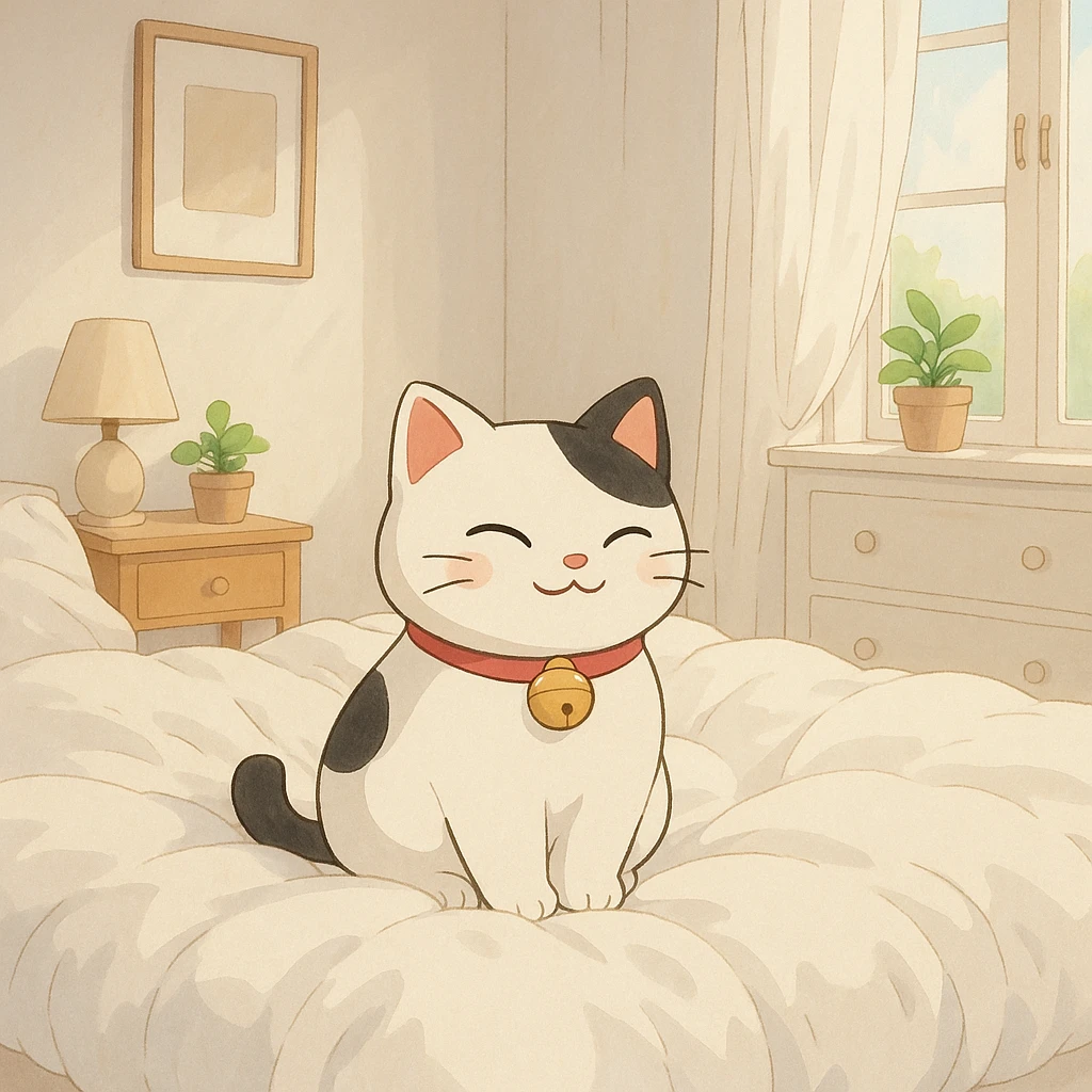 White and black Chinese lucky cat in a cozy on a soft puffy white duvet covered bed in bright white and clean girl aesthetic bedroom, kawaii  emoji