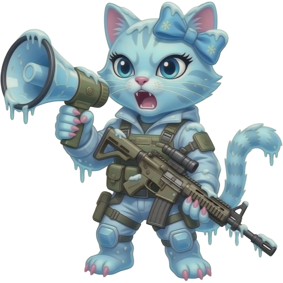 a sleek pretty female angry snarling cat which is made from ice snow and snowflakes and covered from frost. the cat is wearing a bow, modern warfare gear is  using a megaphone to yell. their clothing and weapons are covered in frost and icicles. the cat has long eyelashes and pink claws emoji