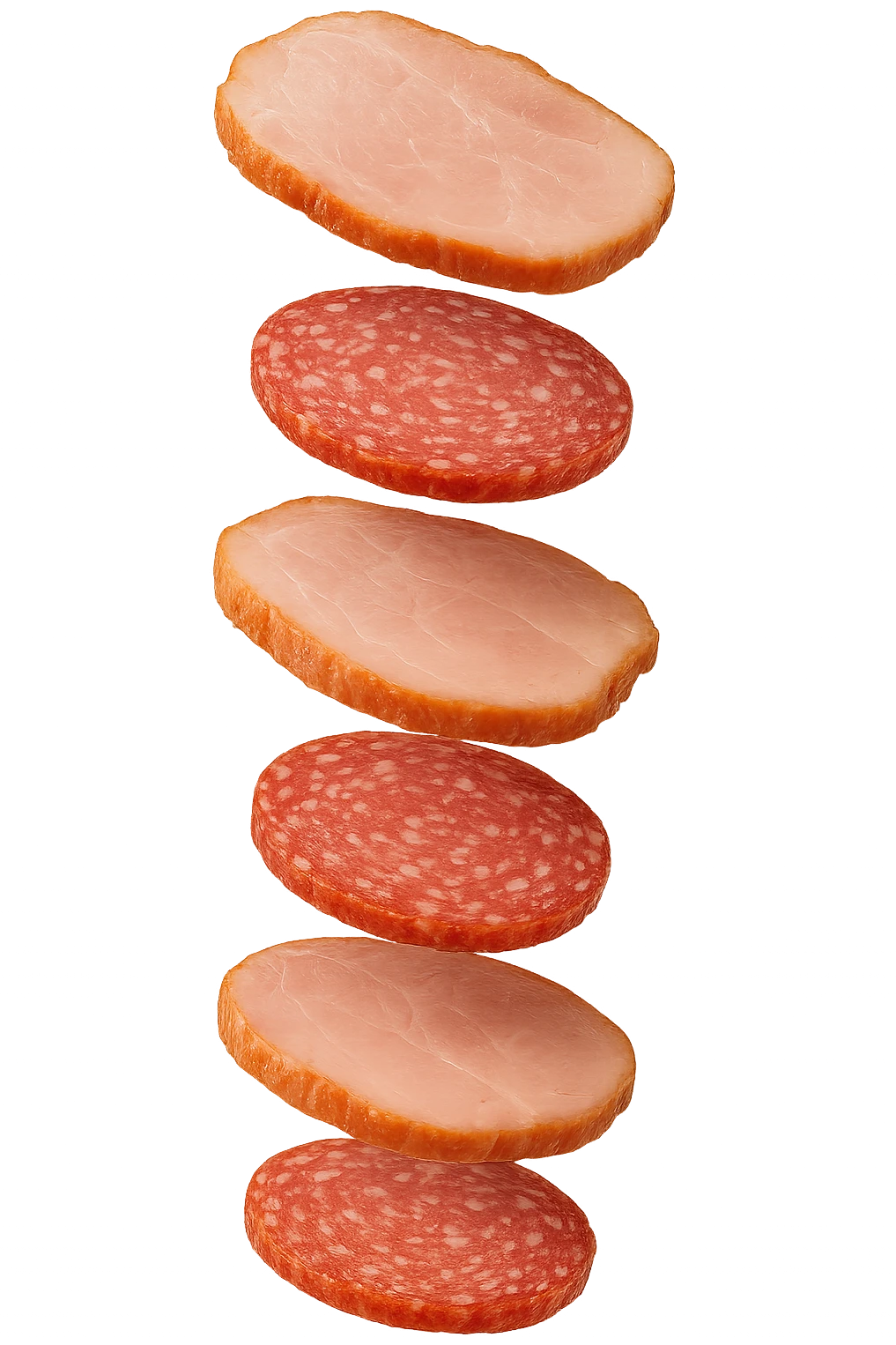 fettine di prosciutto cotto e di salame fluttuano in aria verticalmente, IPERREALISTICA 4K emoji