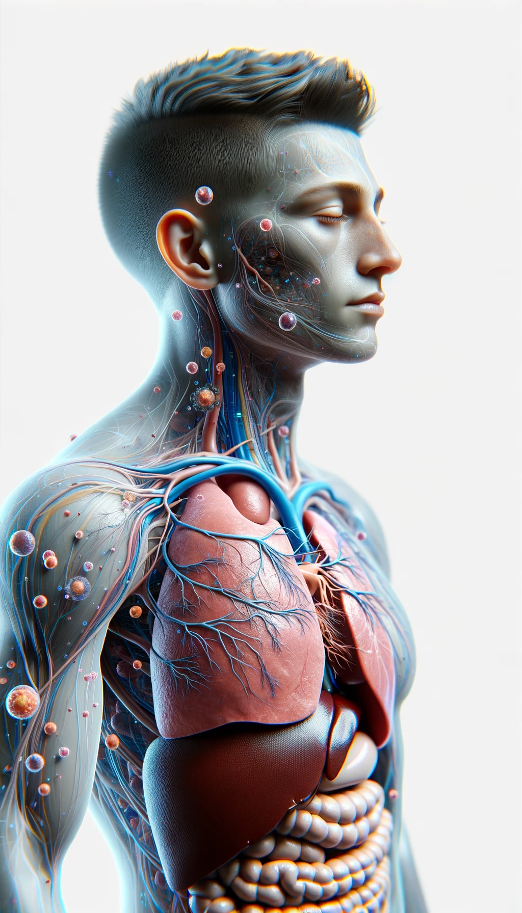 corpo umano anatomico con capelli corti e gli occhi chiusi, intorno a lui fluttuano cellule, fegato in evidenza, ha l'espressione rilassata, visto dal fianco iperrealistica 4k, isolato su sfondo bianco emoji