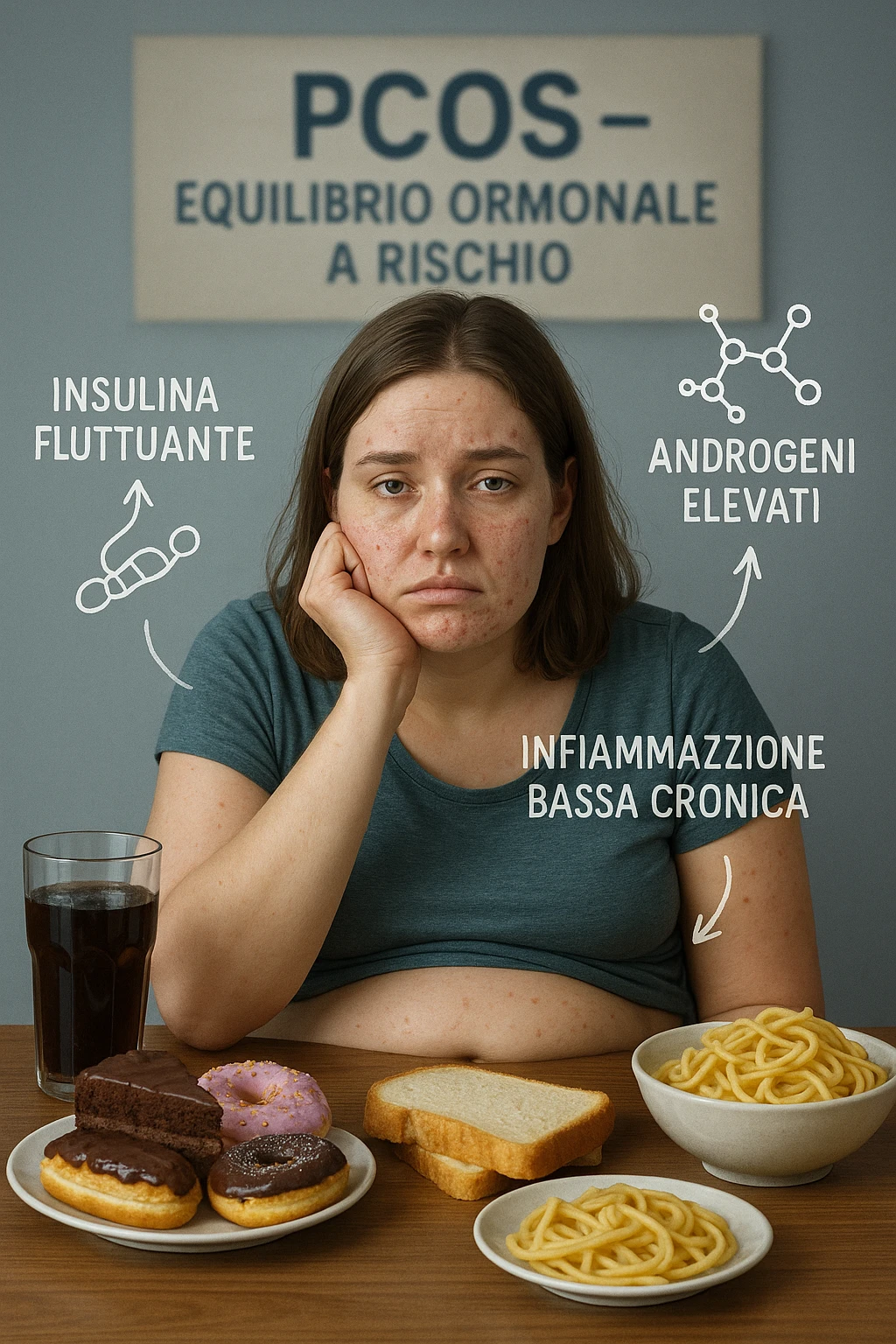 Donna tra i 25 e i 35 anni, seduta a tavola con un’espressione stanca e gonfia. Sul tavolo ci sono alimenti sbagliati per la sua condizione: dolci raffinati, pane bianco, pasta, bibite zuccherate. Intorno al suo corpo si vedono elementi simbolici che rappresentano gli effetti della PCOS peggiorata: insulina fluttuante, androgeni elevati, infiammazione bassa cronica. La sua pelle appare acneica, gonfiore addominale visibile, sguardo affaticato. Sullo sfondo, un cartello sfocato con scritto 'PCOS – equilibrio ormonale a rischio'. Stile realistico con elementi simbolici, toni freddi ma chiari in italiano emoji