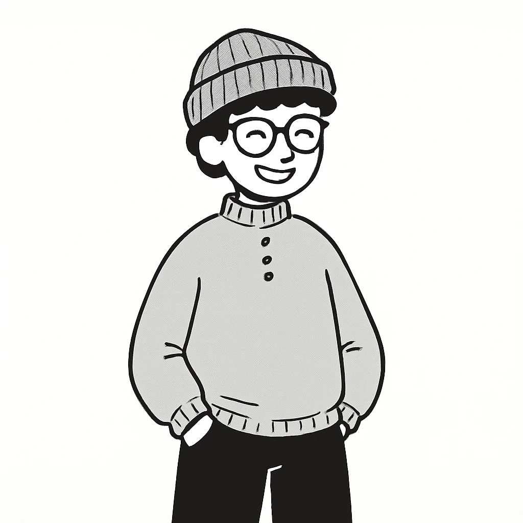 Make the beanie grey with black stripes. The guy is smiling, showing upper teeth, keep the hand-drawn doodle style. emoji