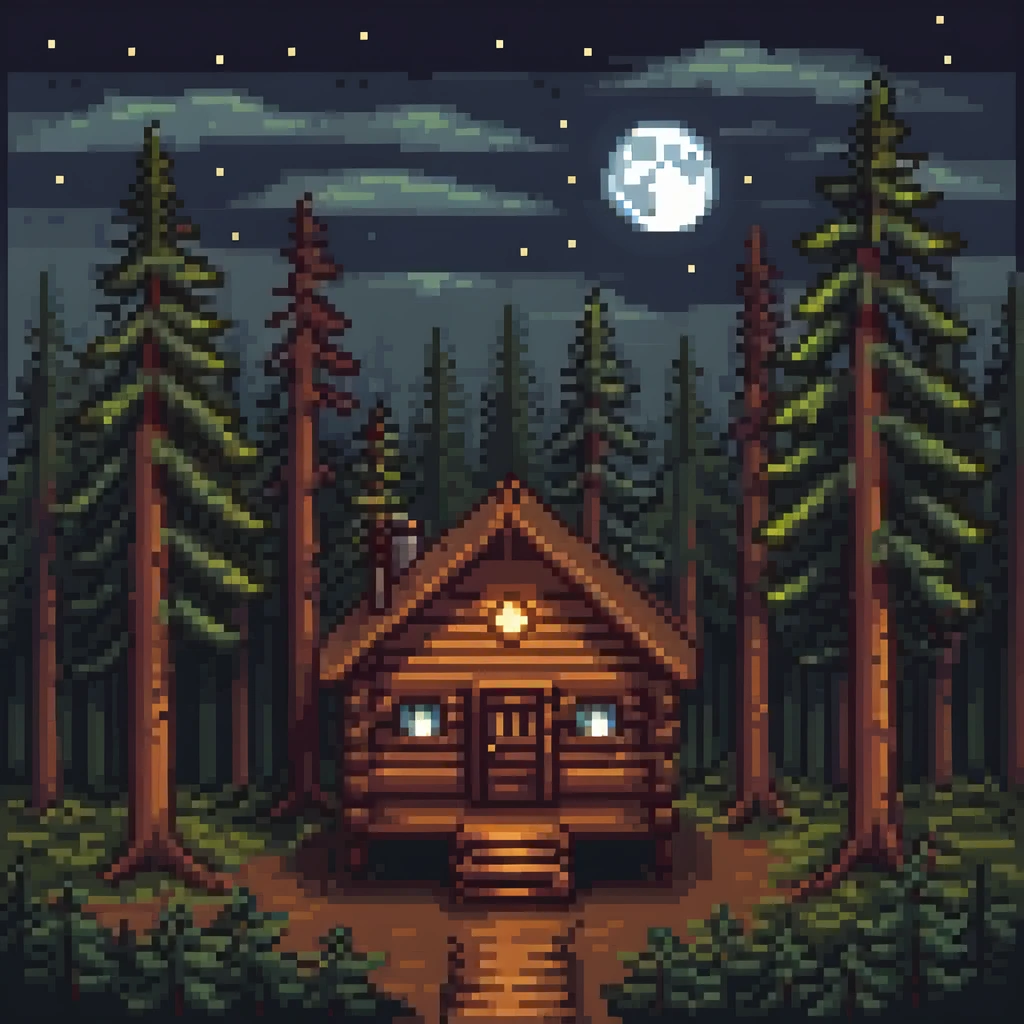 cozy wooden cabin in dark pine forest with moonlight emoji