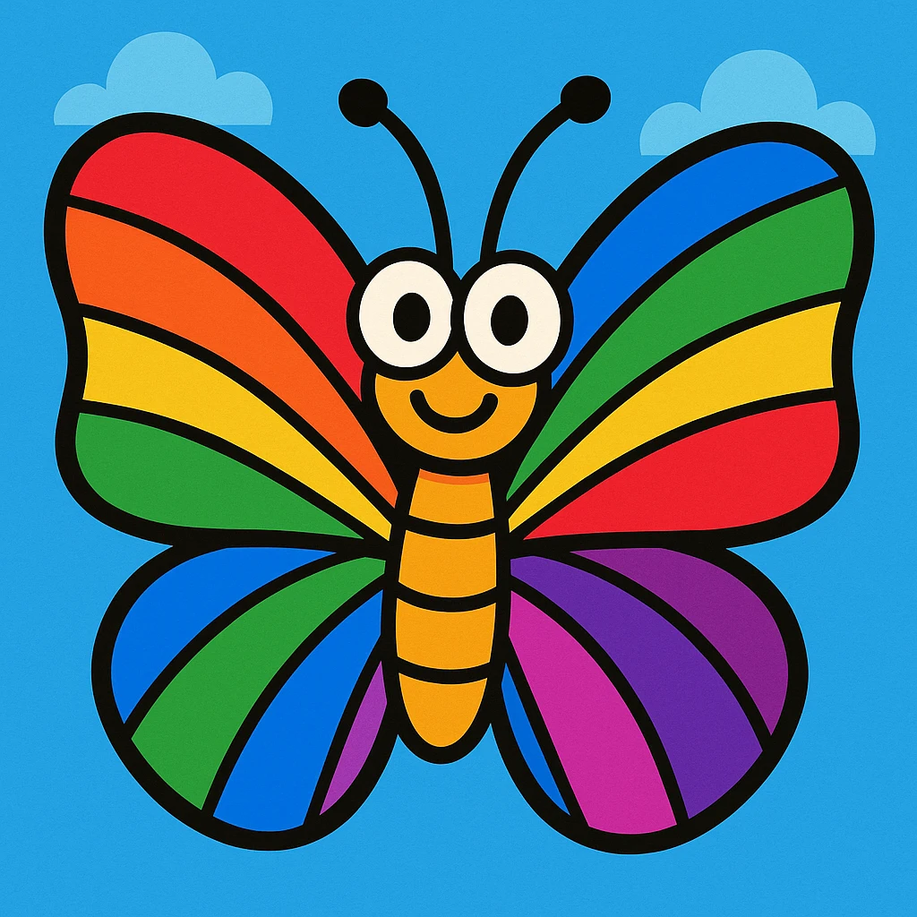a butterfly in vibrant toon style, bright and colorful, cartoon look, rainbow pride colors emoji