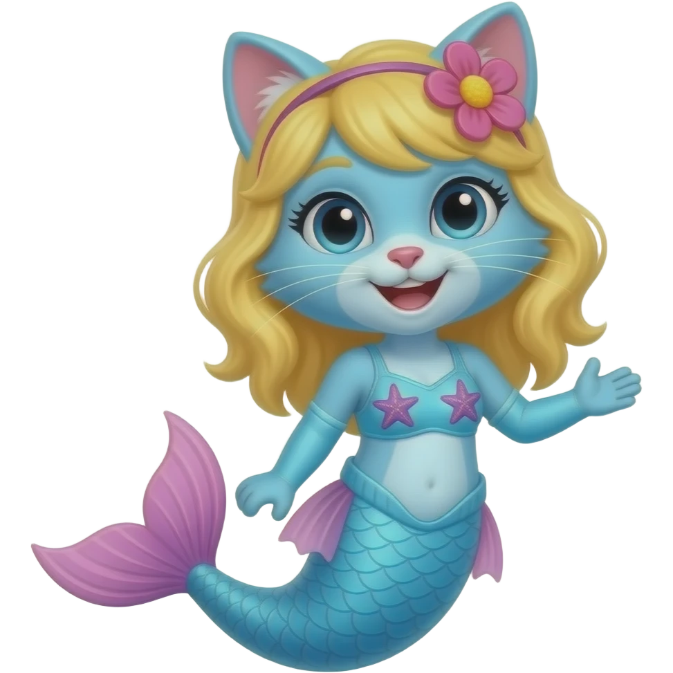 femboy blue furry  cat  happy light blue  mermaid tail with pink fins and long light blue gloves light blue long sleeve swimsuit  with two purple starfish on his chest  pink flower with yellow hair emoji