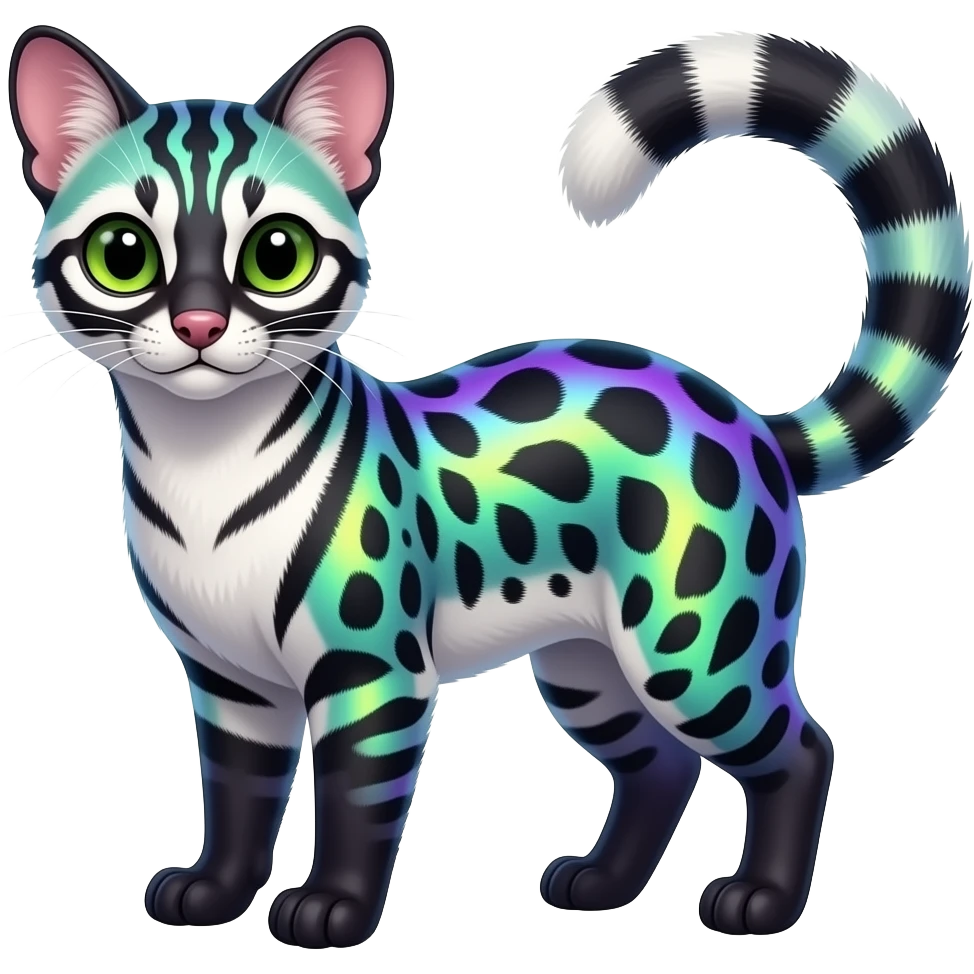 shiny realistic silky tropical thin exotic beautiful violet-cyan-lime-green-gradients-colored, black markings, with white underside, iridescent civet-genet-Cacomistle-oncilla-animal-hybrid with intricate pattern markings (full body) emoji