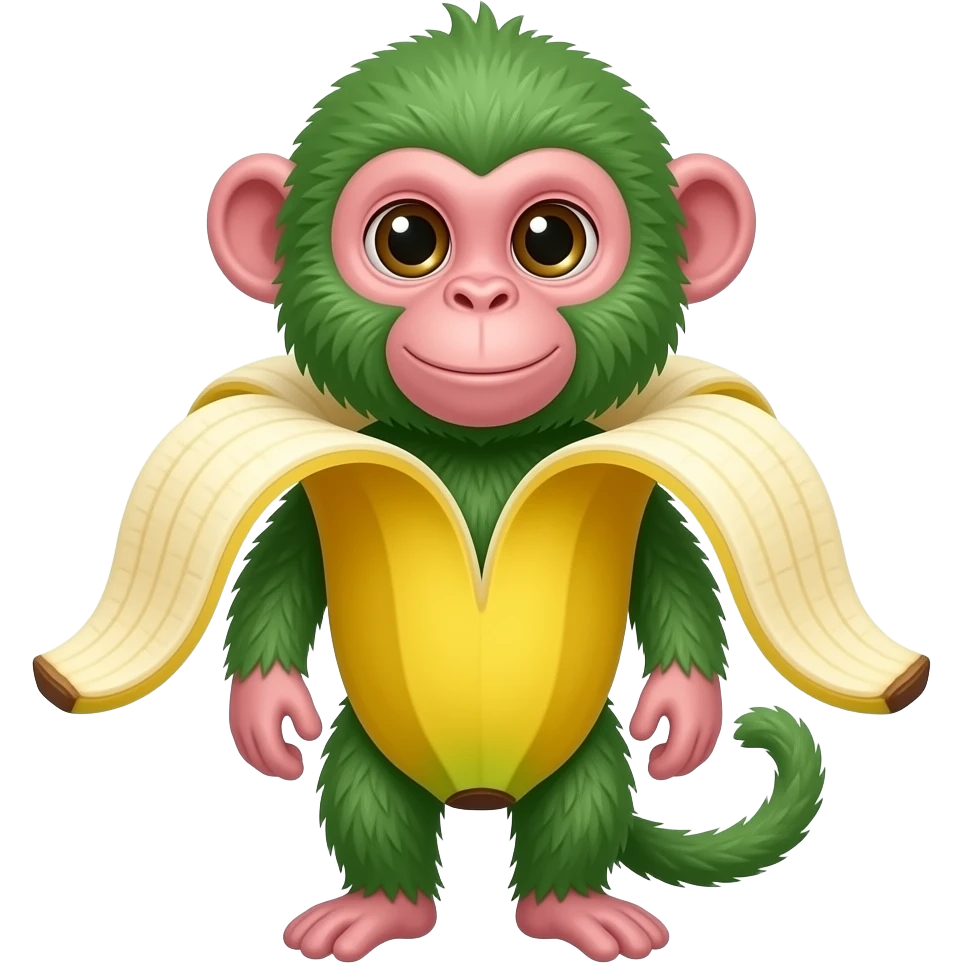 An iOS style emoji of the following: A green-furred monkey with pink facial features (ears, face, and lips) emerging from a peeled yellow banana. The banana peel wraps around the monkey's body like a costume or shell. emoji