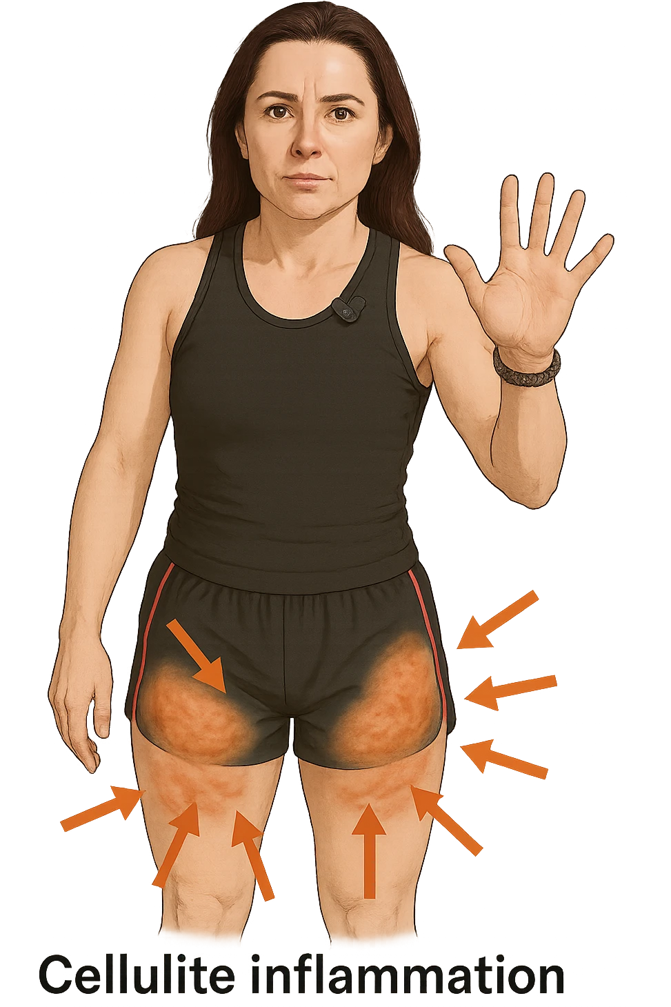 Donna con cellulite sulle cosce indica le cosce che sono infiammate di cellulite con frecce ad indicare  emoji