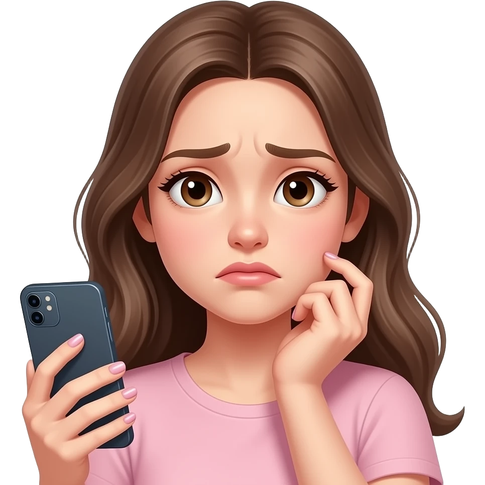 aesthetic emoji girl, slightly stressed expression, holding a smartphone in one hand, distracted, trendy nail art, soft pink and nude tones, minimal makeup, clean background, soft lighting, girly aesthetic, 3D emoji style, high detail emoji