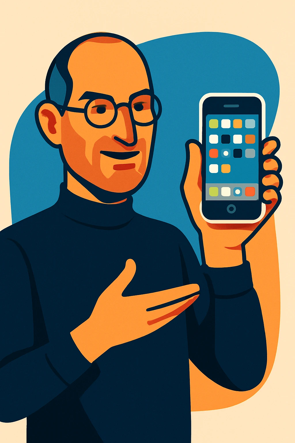 Steve Jobs presenting an iPhone in a confident pose, modern illustration style emoji