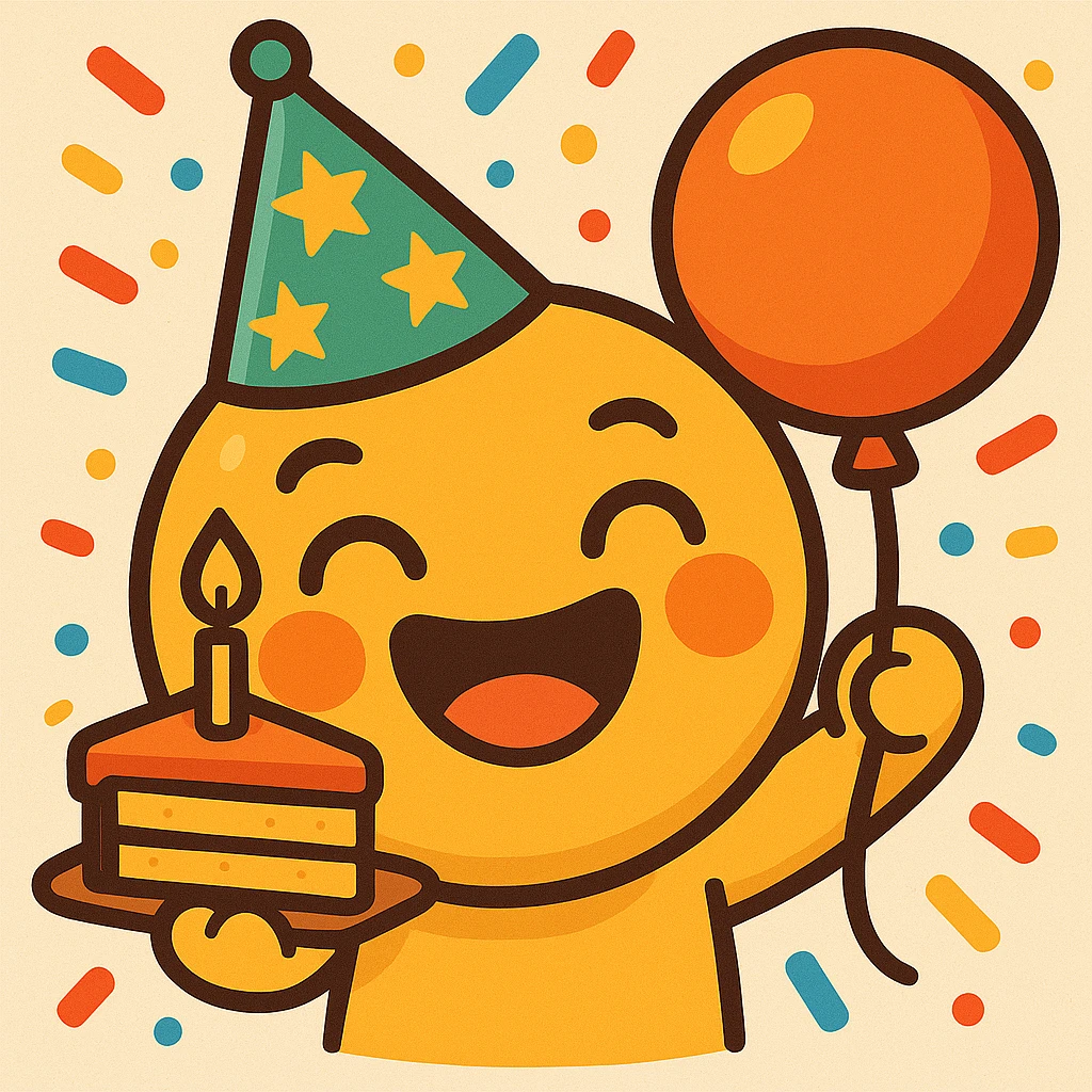 Change the party hat to green with orange stars, keep the rest of the emoji the same, bright cartoon style with confetti background. emoji
