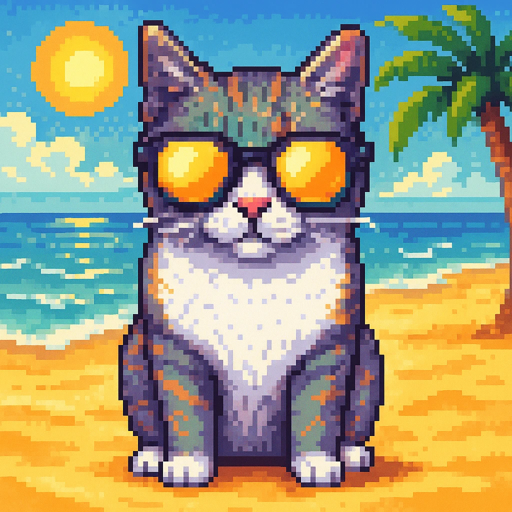 Add a sunny beach background behind the cat wearing sunglasses, in pixel art style. emoji