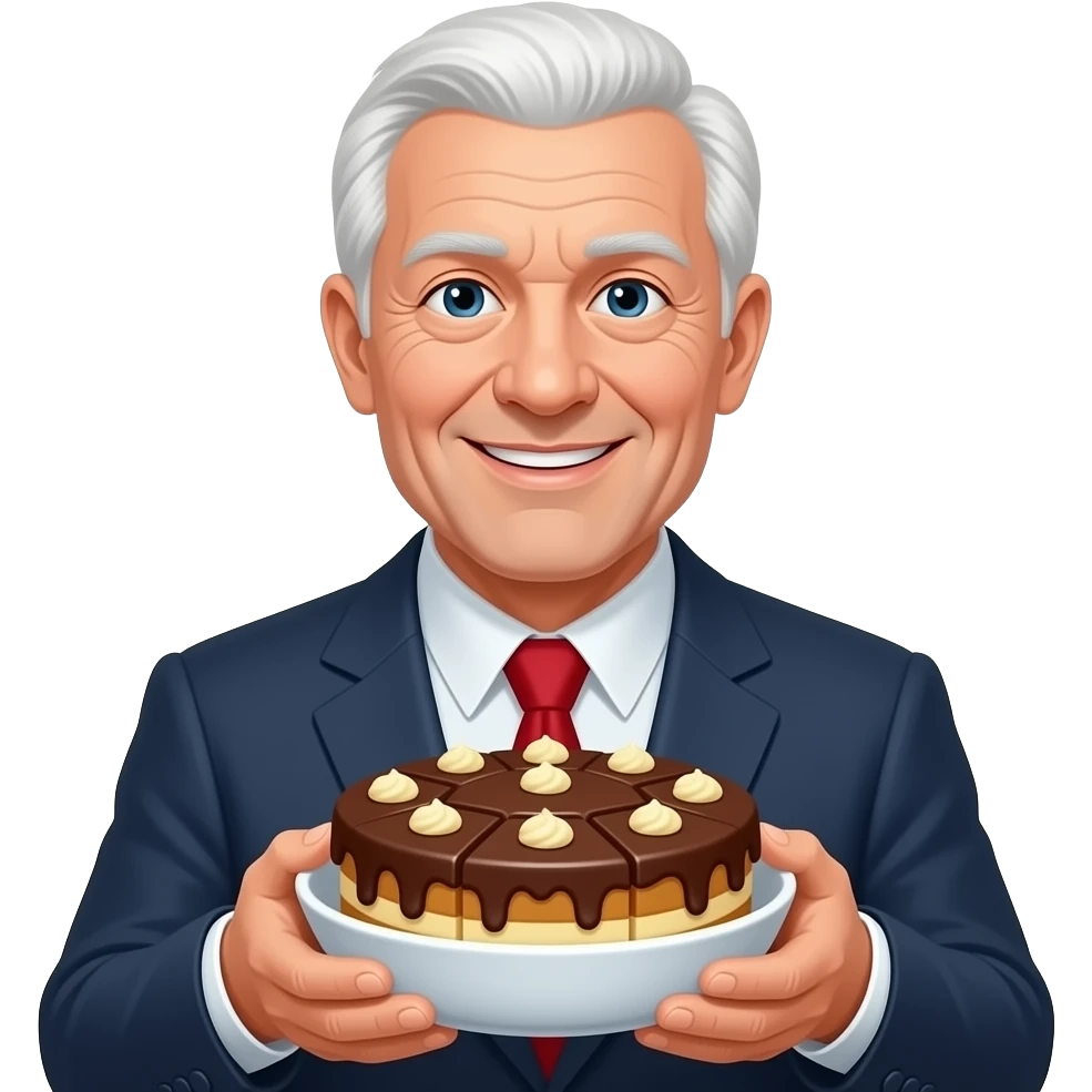 very naughty old man.short white hair. with bowl of chocolate cake, squares of chocolate and custard emoji