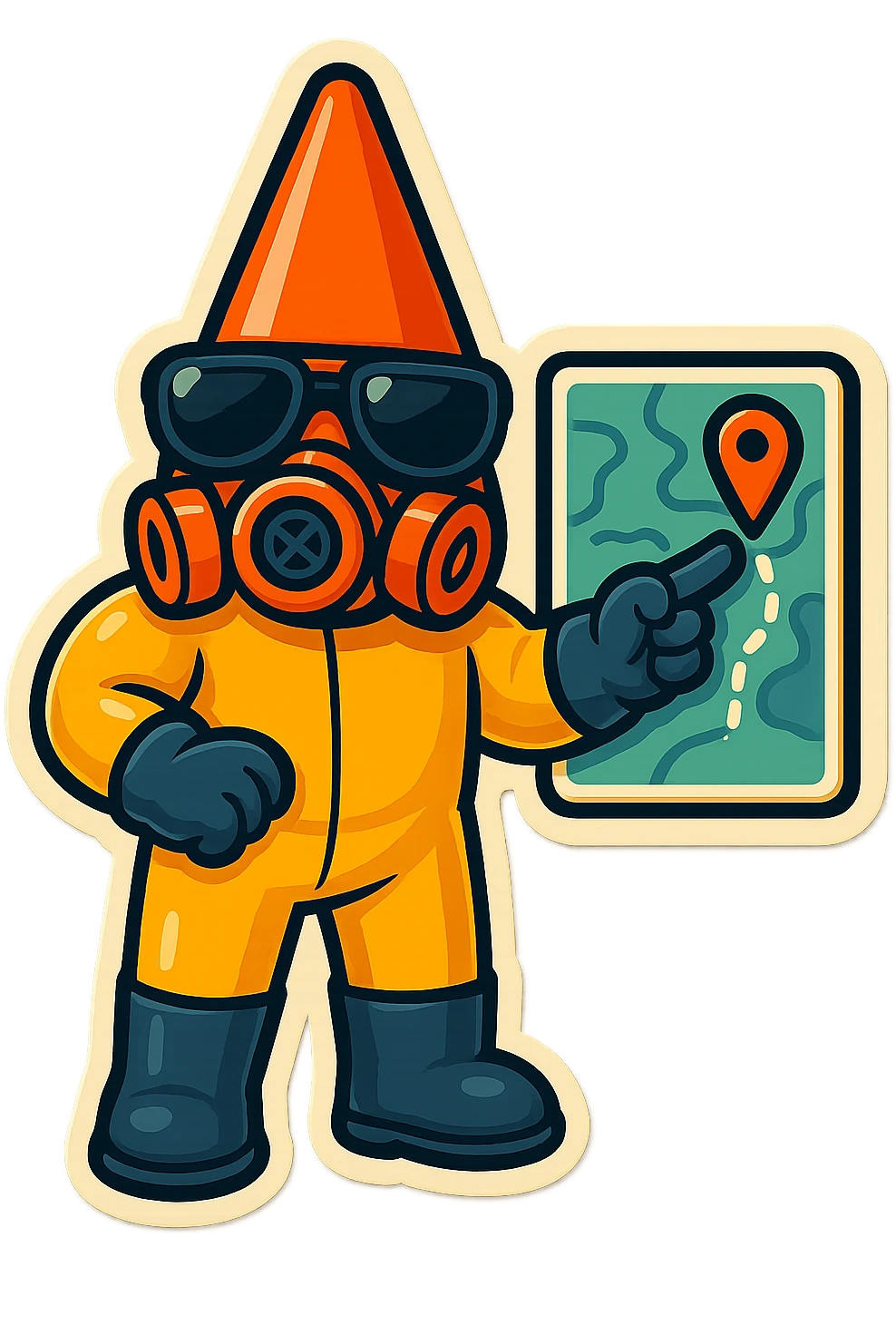 This character in retro sticker style, pointing to a map or screen, directing a team. emoji
