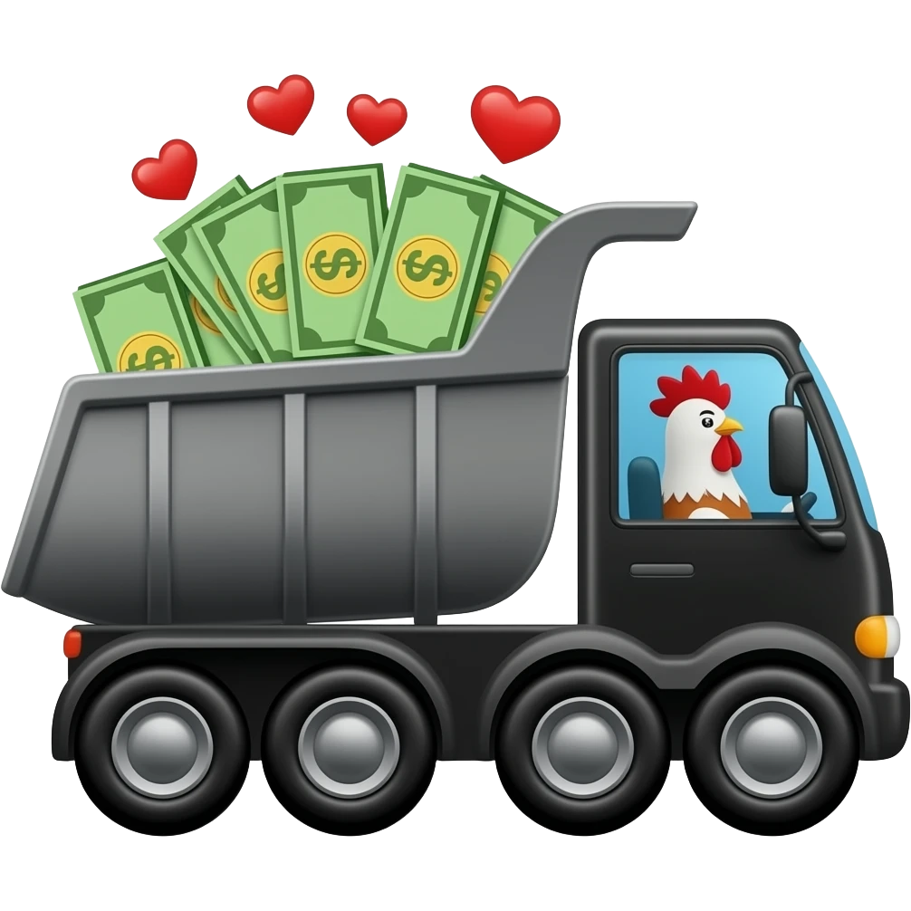 Black dump truck carrying money with hearts and with a driver withe And a rooster  emoji