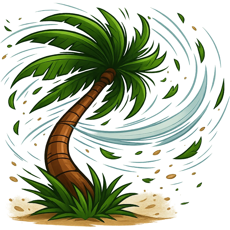 Make the palm tree in heavy wind even more dramatic: exaggerate the bend of the trunk, make the leaves whip violently, add flying debris and motion lines, keep the background transparent. Style: dramatic palm tree in heavy wind with dynamic motion effects. emoji
