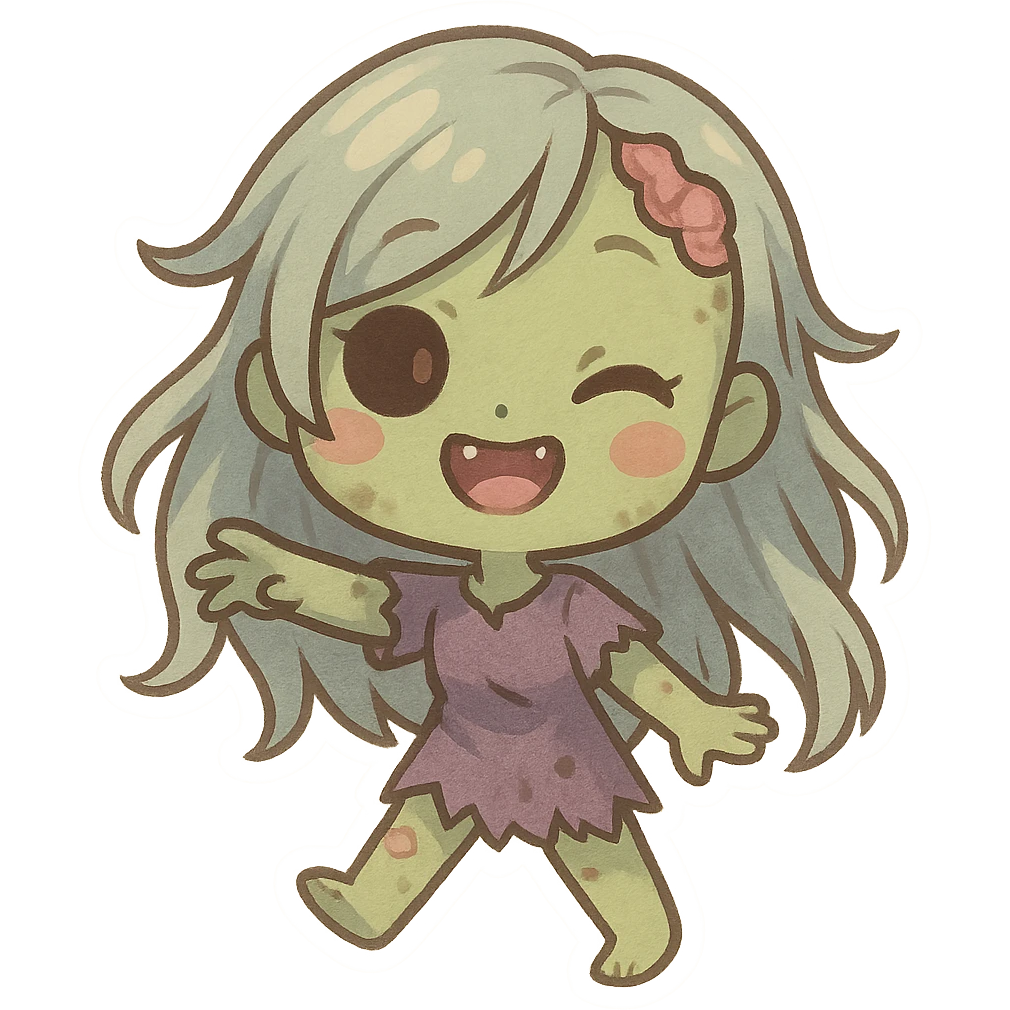 a zombie girl with long wispy hair, playful chibi style, cute and small proportions emoji