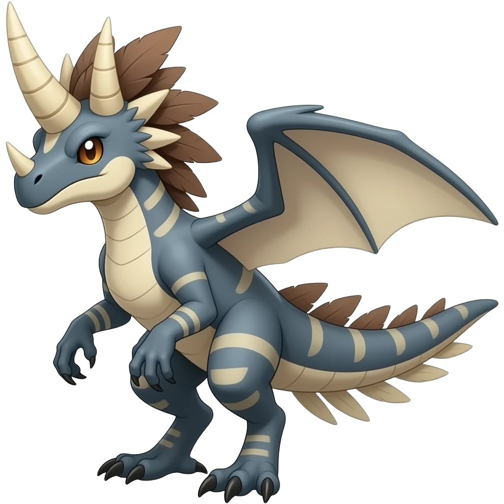 Raptorik scaley feathery horned Amaura-Wargreymon-Aurorus-ExVeemon-WereGarurumon-Pokémon-Fakémon-hybrid-fusion-creature, full body emoji