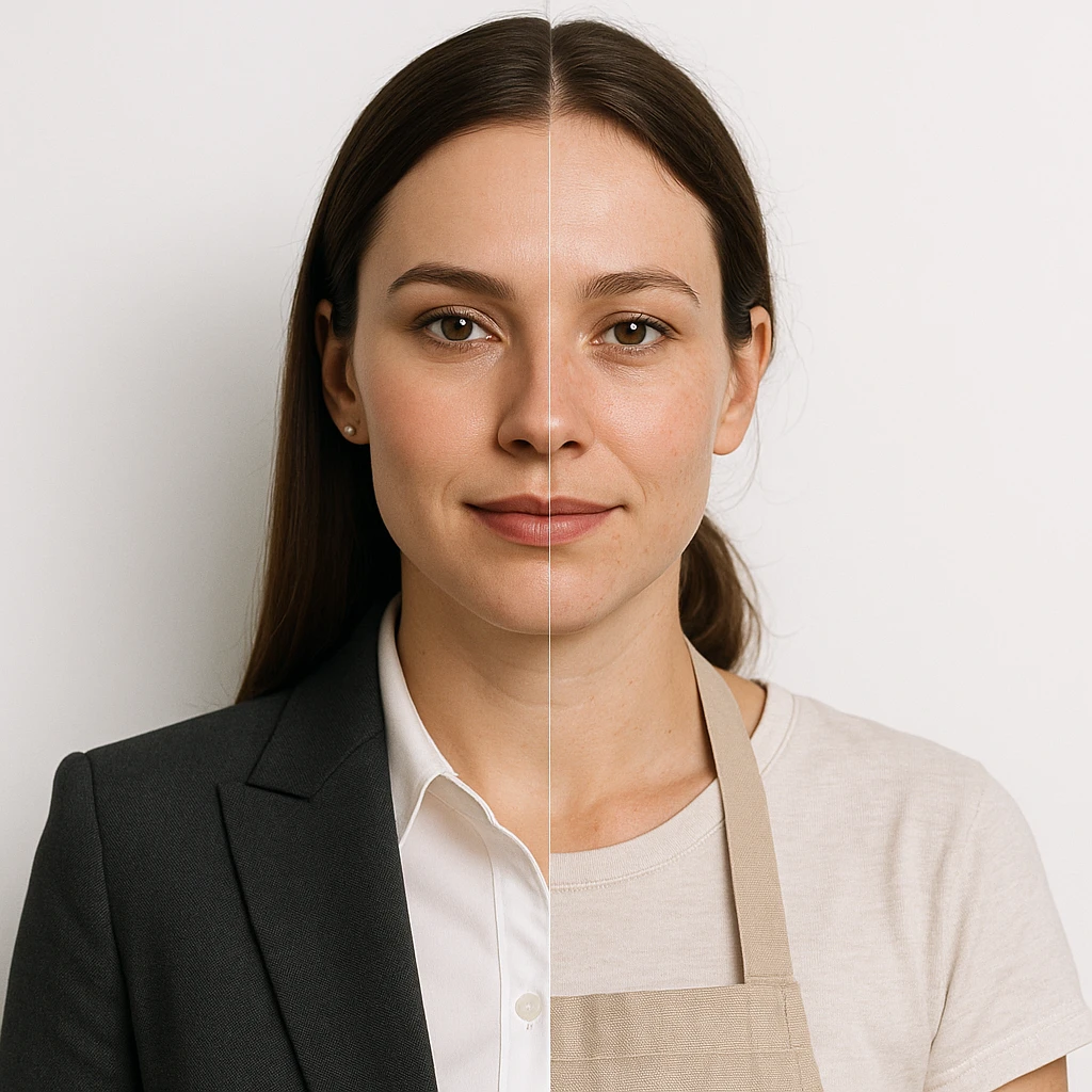 hyper realistic, symmetrical split-image of a woman, left side with business makeup and attire, right side natural, kitchen apron, white background, clear contrast emoji