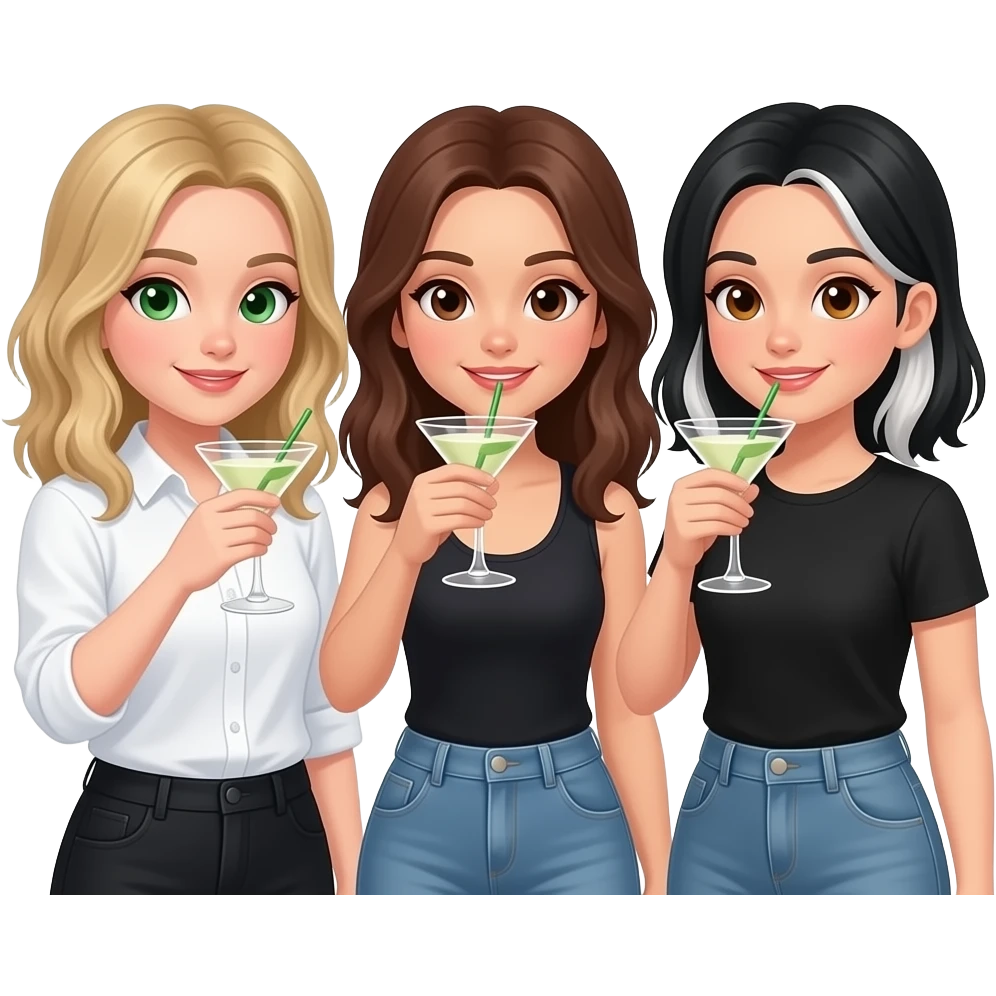 Three girls drinking a martini. One dirty blonde hair and green eyes with white shirt, one brunette hair, and one with brown eyes and black hair and platinum blonde highlights in hair emoji