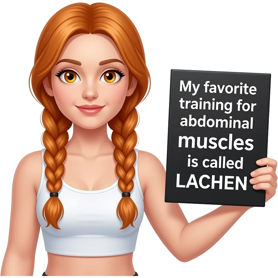 sexy girl with long ginger braids and ginger eyes wearing a white tanktop is holding a black sign with MEIN LIEBLINGSTRAINING für die BAUCHMUSKELN heißt LACHEN written on it emoji