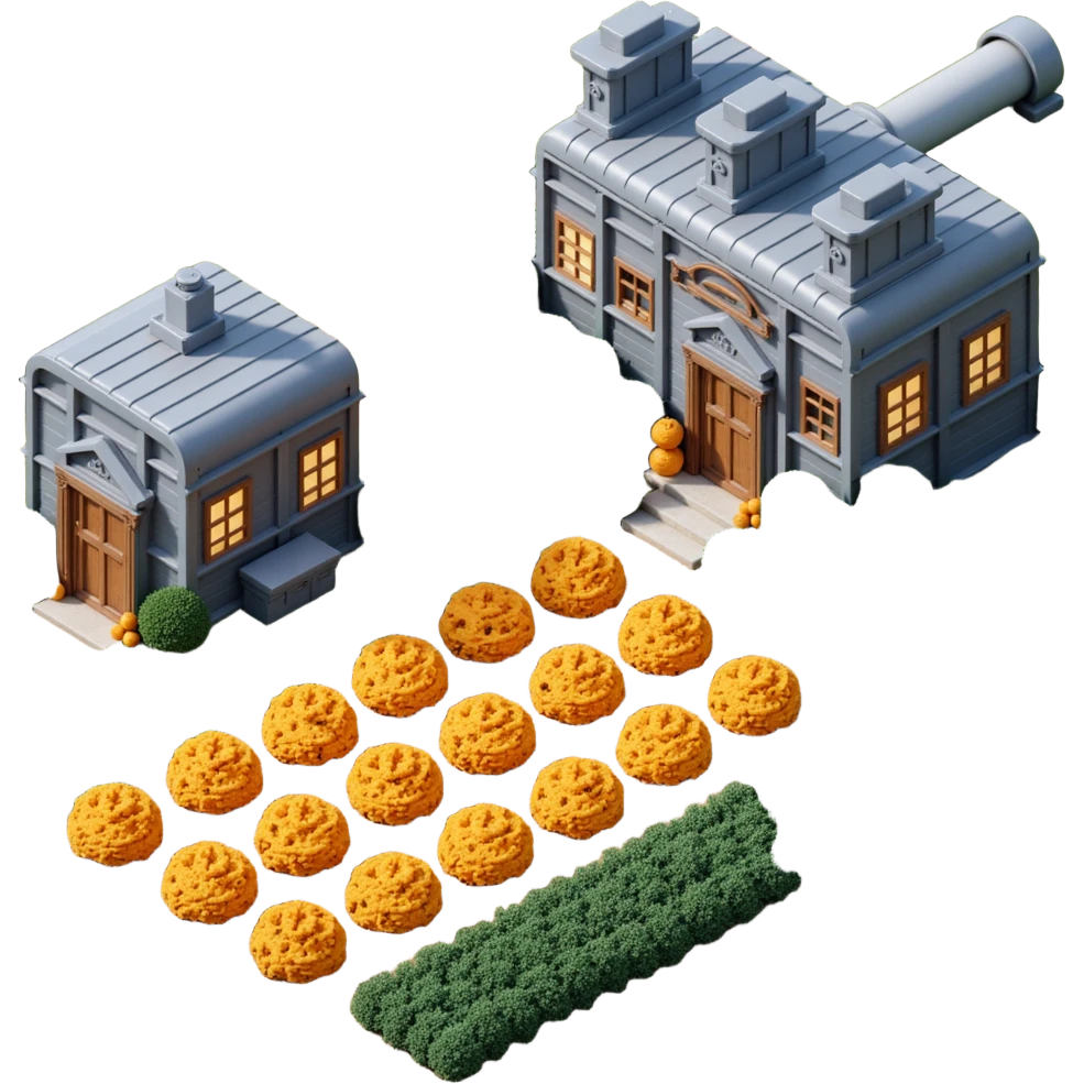 Exterior view of a modern robotic farm with metallic buildings, automated harvest bots in the fields, glowing pipes and mechanical arms, cookie plants growing in neat rows emoji