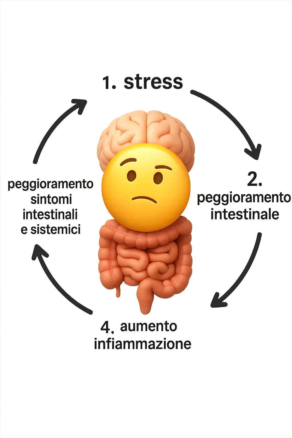 EMOJI STILE IPHONE 3D DI un cerchio con queste scritte che girano intorno in ordine per come li ho scritti "1. stress → 2. peggioramento intestinale → 3. aumento infiammazione → 4. peggioramento sintomi intestinali e sistemici." al centro del cerchio metti un cervello e intestino umani collegati verticalmente con espressione dubbiosa in volto, FALLO MOLTO REALISTICO IN 3D emoji