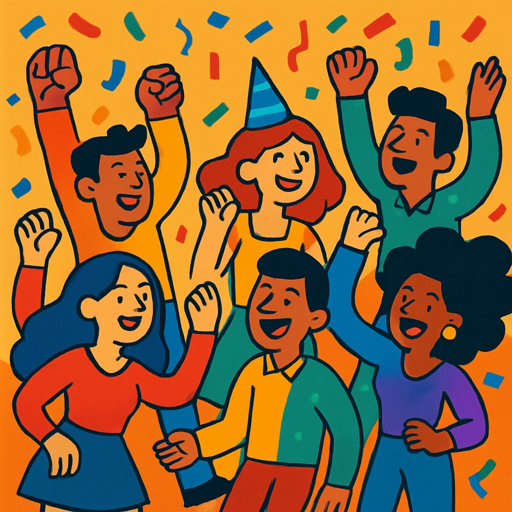 a group of people dancing and celebrating at a party, confetti in the air, vibrant cartoon style emoji
